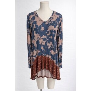 LOGO Lori Goldstein Tunic Womens S Blue Floral Long Sleeve Peplum High Low Top